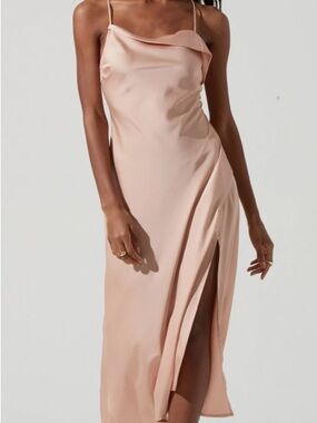 Astr Gaia Blush Slip Midi Dress with Cowl Neck and Side Slit